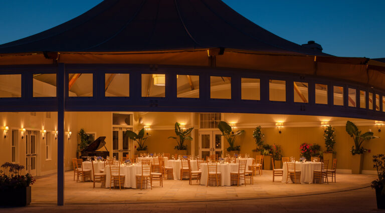 Cozily lit outdoor dining area at Cape Cod resort