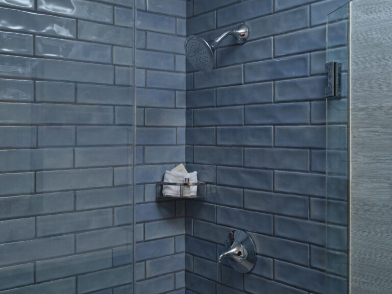 Spa-like shower with serene, ocean-hued tile and modern fixtures.