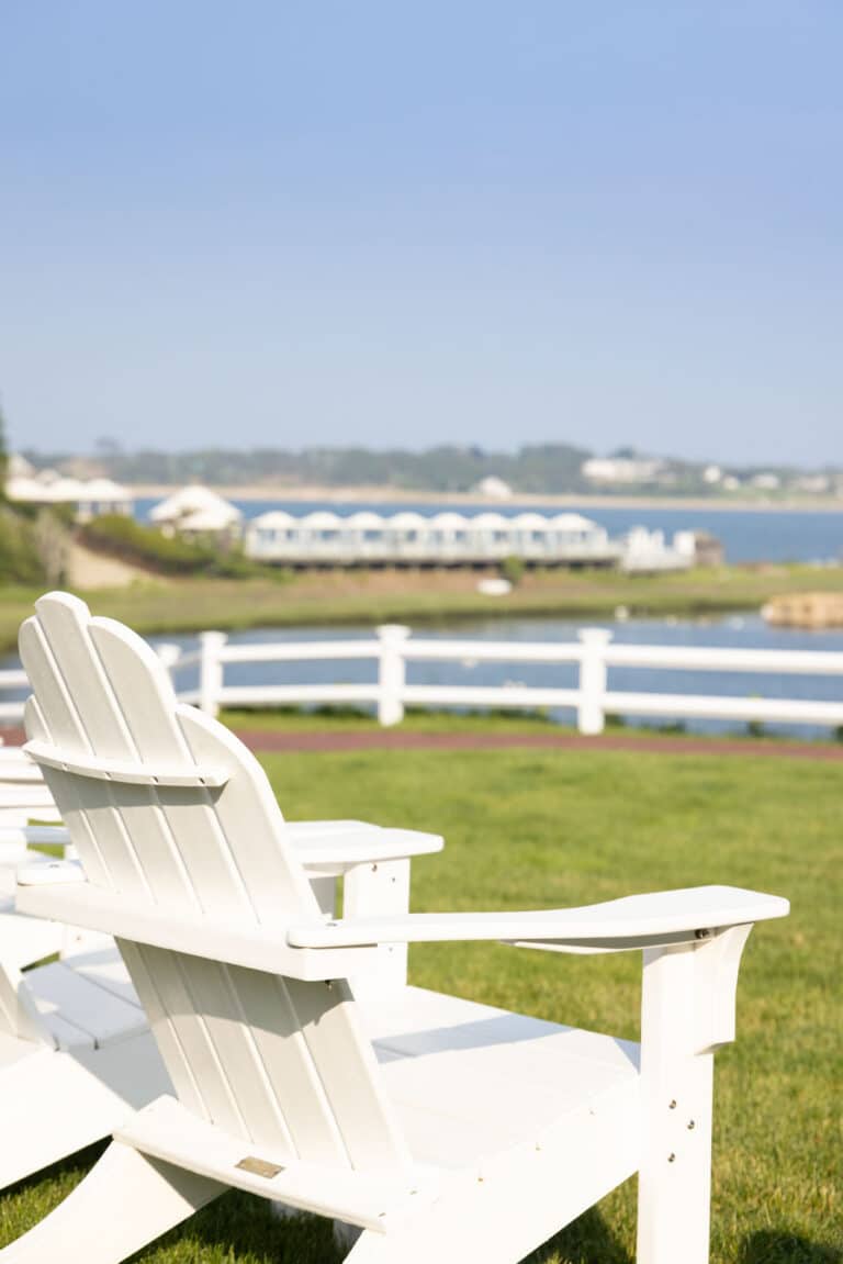 Two white Adirondack chairs sit on a grassy lawn, facing a fence and a body of water with buildings visible in the distance under a clear sky.
