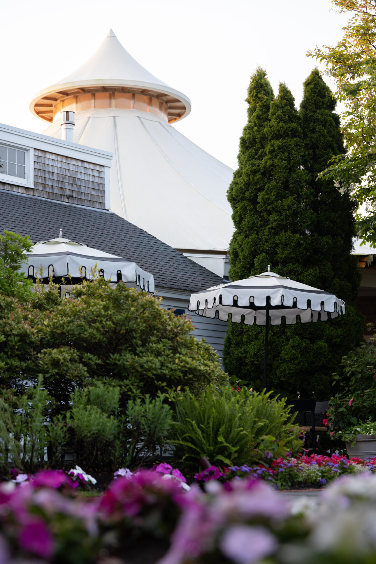 A white, tent-like rooftop structure rises behind trimmed trees and black-and-white patio umbrellas at a Cape Cod country club, with blooming flowers and greenery in the foreground.