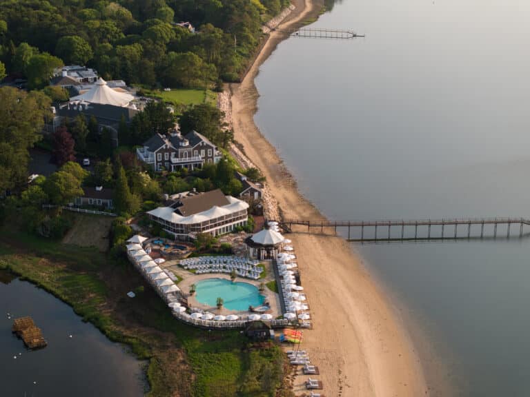 Aerial view of a sustainable resort with a pool, beach umbrellas, and a pier extending over calm water, surrounded by trees and eco-friendly buildings.