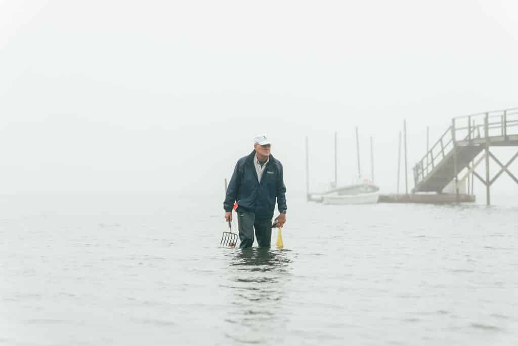 Captain John wades through shallow water near a dock on a foggy day, holding a rake and a yellow buoy as he searches for clamming spots.
