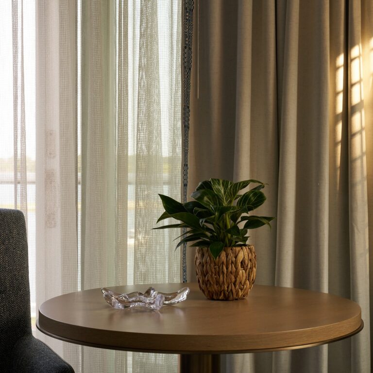 A round wooden table with a small potted plant and a decorative glass dish sits near a window with sheer and opaque curtains, evoking the cozy elegance found at a Cape Cod hotel like Wequassett Resort and Golf Club.