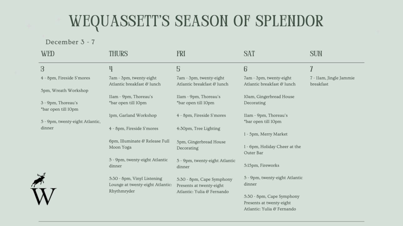 Schedule for "Wequassett's Season of Splendor" events from December 5 to 7, listing activities and times for each day from Thursday to Saturday.