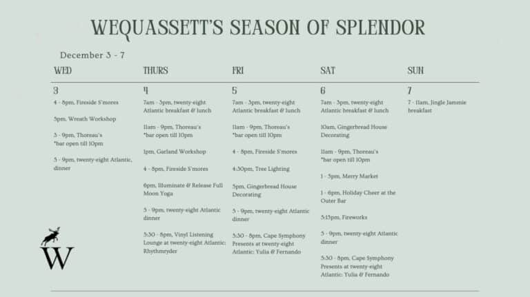 Schedule for "Wequassett's Season of Splendor" events from December 5 to 7, listing activities and times for each day from Thursday to Saturday.