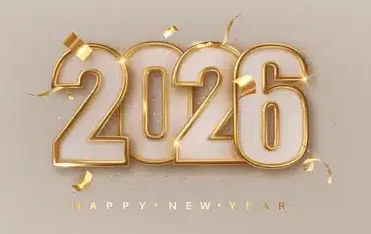 Gold and white "2026" with confetti and ribbon accents on a light background, celebrating New Year's Eve at Wequassett, with "Happy New Year" text below.