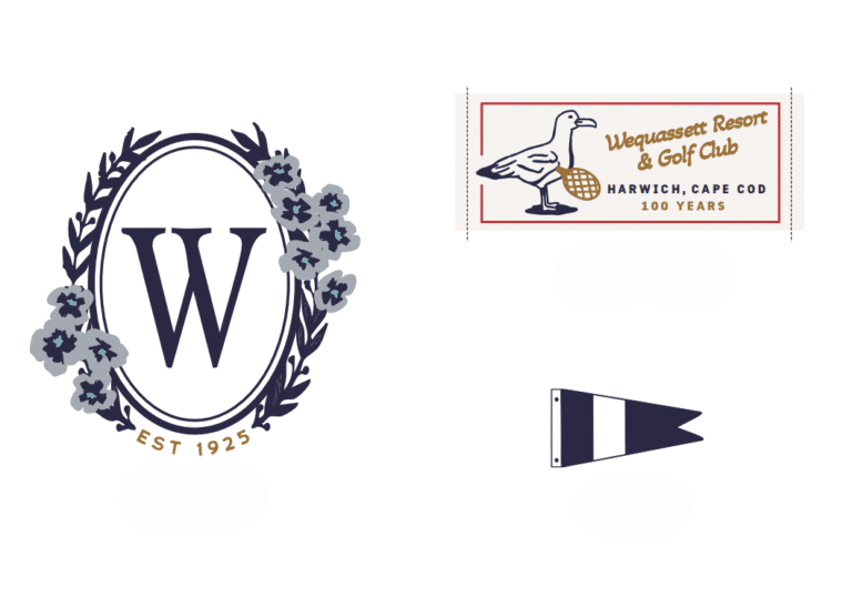 Three logos: a floral "W" crest with "Est 1925", a sign for Wequassett Resort & Golf Club with a seagull, and a navy and white striped pennant reminiscent of classic Dinner Service NY style.