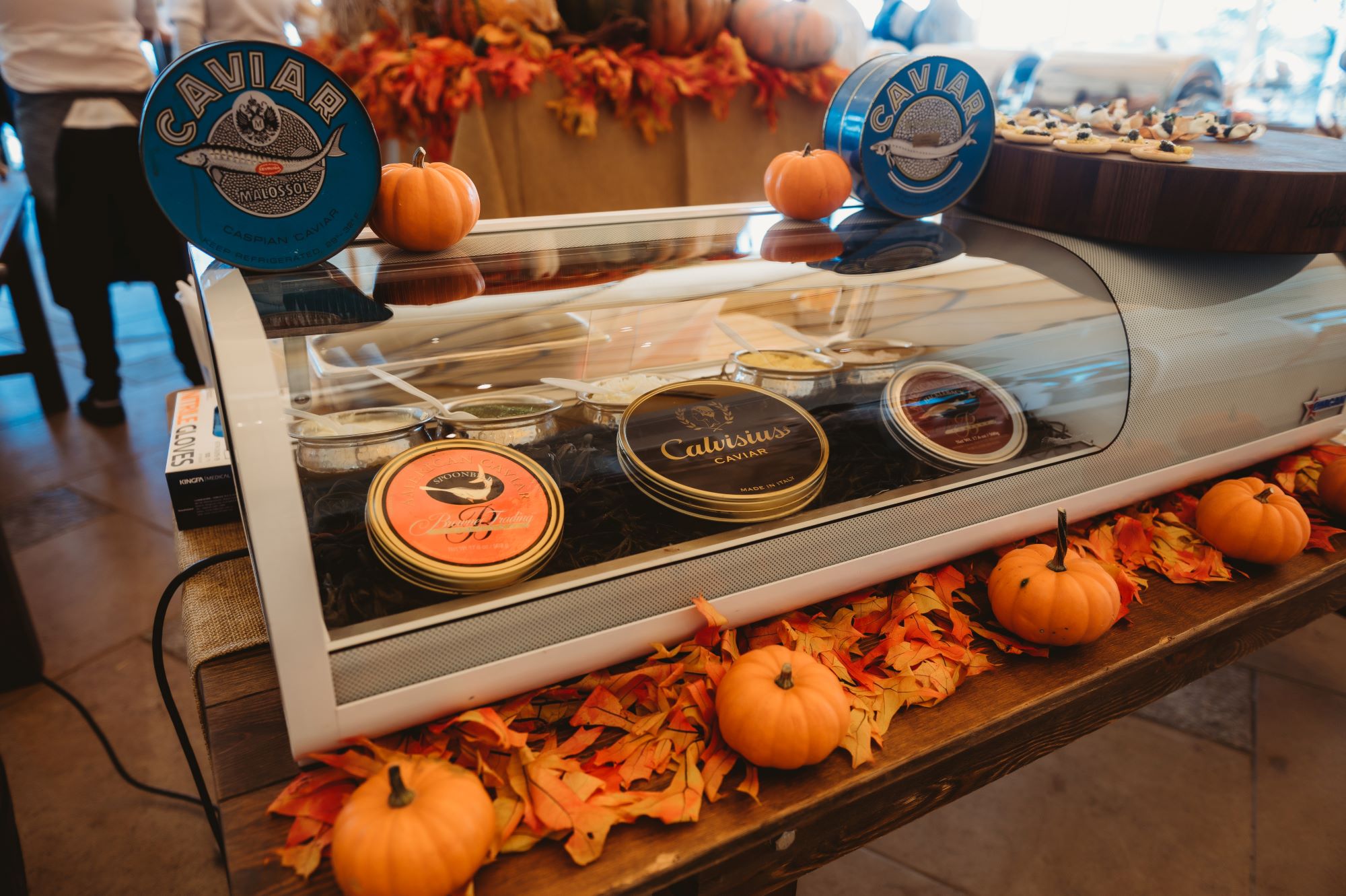 A display case with tins of caviar is decorated with artificial fall leaves and small pumpkins, set on a wooden table—perfect for a festive Thanksgiving spread at Wequassett.