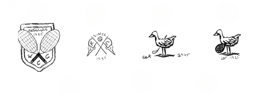 Twelve black-and-white hand-drawn logos featuring the letter "W," tennis rackets, ducks, laurel wreaths, and establishment years—each designed for Dinner Service NY—are arranged in three rows on a white background.