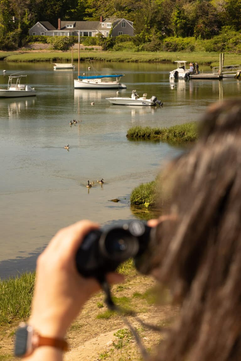A person with binoculars enjoys birdwatching, observing ducks swimming in a calm Pleasant Bay inlet with several boats and houses in the background.