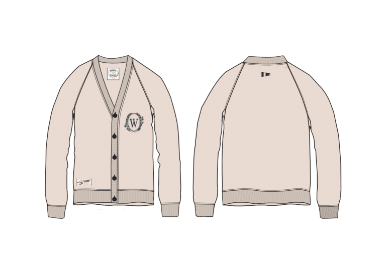 Beige cardigan with dark buttons, front and back views. Features Dinner Service NY logo patches on the left chest and hem on front, plus a small navy flag logo on the upper back.