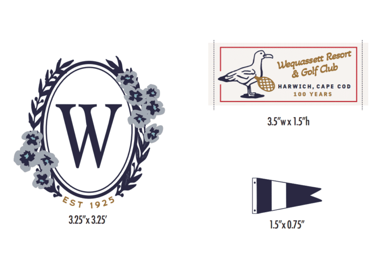 Three graphic icons: a floral oval frame with a “W” and “EST 1925” (3.25"x3.25”), a seagull logo for Wequassett Resort (3.5"x1.5”), and a navy pennant flag (1.5"x0.75”) for Dinner Service NY Collaboration.