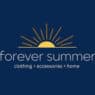 Logo with a stylized yellow sun above the words "forever summer" and the subtitle "clothing + accessories + home" on a dark blue background, perfect for celebrating Fireworks at any Annual Event.