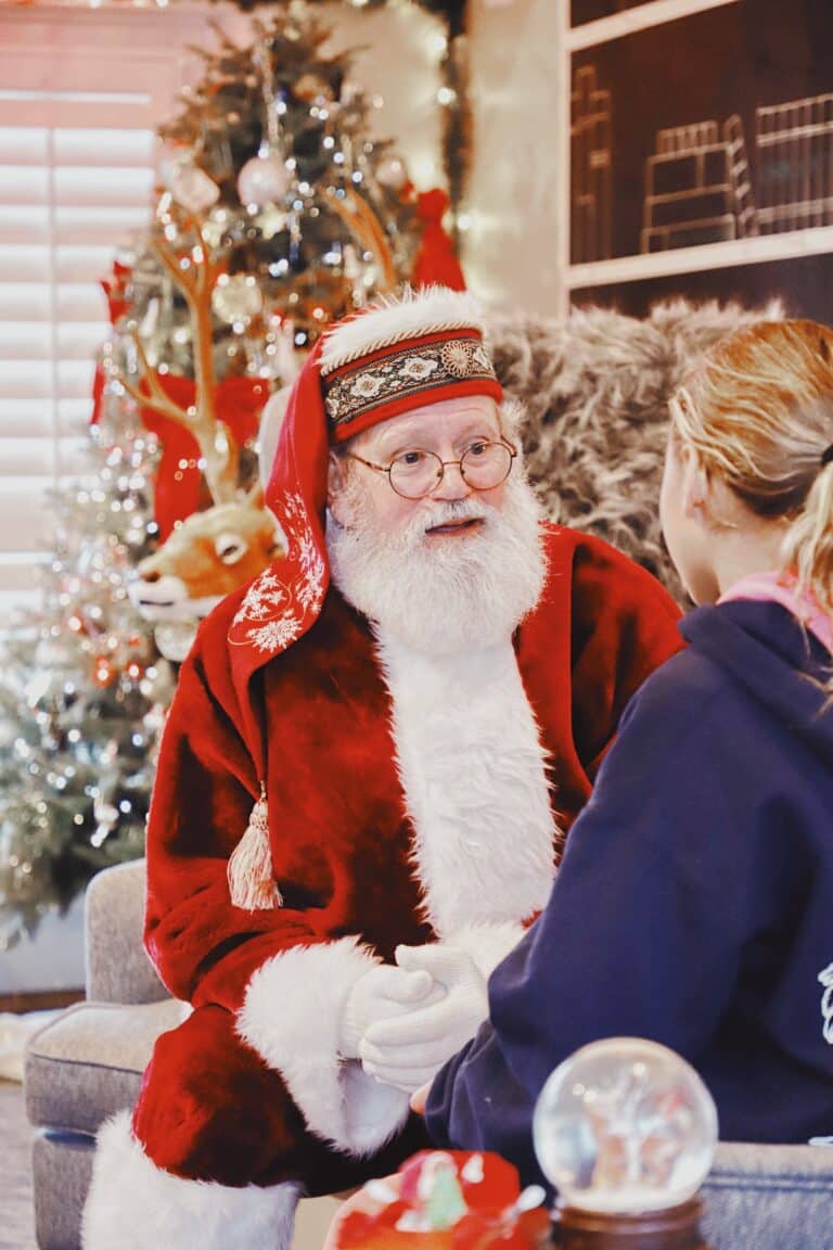 Santa Claus sits indoors, facing and talking to a young girl. A decorated Christmas tree and a reindeer figure are visible in the background, capturing the magic of the season after a cheerful Tree Lighting celebration.