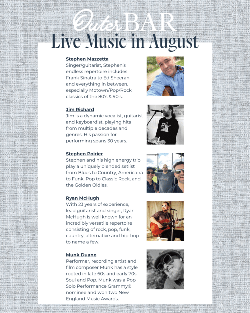 A flyer for Outer Bar’s August live music, listing five performers with photos and brief bios, including their styles and notable achievements.