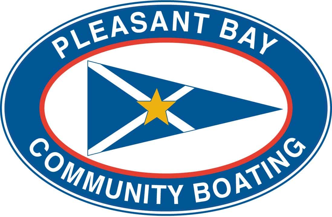 Logo for Pleasant Bay Community Boating featuring a blue and white pennant with a yellow star, surrounded by blue and red oval borders with the organization’s name in white text—symbolizing their solar-powered floating classroom on Pleasant Bay.