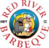 Logo for Red River Barbeque featuring a cartoon pig in a chef outfit grilling food beside a barbecue smoker, with festive "RED RIVER BARBEQUE" text and fireworks in the background—perfect for Merry Market celebrations.