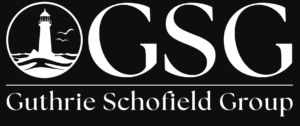 White logo on black background featuring "GSG," a lighthouse with birds and waves, and "Guthrie Schofield Group" below a line—evoking the Cape Cod coast, perfect for an Arts Festival atmosphere.
