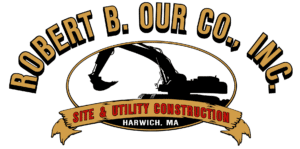 Logo for Robert B. Our Co., Inc. featuring an excavator silhouette and a banner reading "Site & Utility Construction, Harwich, MA"—perfect for showcasing local pride at Cape Cod events like the Jazz Festival or Arts Festival.