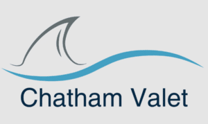 Logo with a stylized shark fin above a blue wave, next to the text "Chatham Valet" in blue font—perfect for Cape Cod events like an Arts Festival or Jazz Festival.
