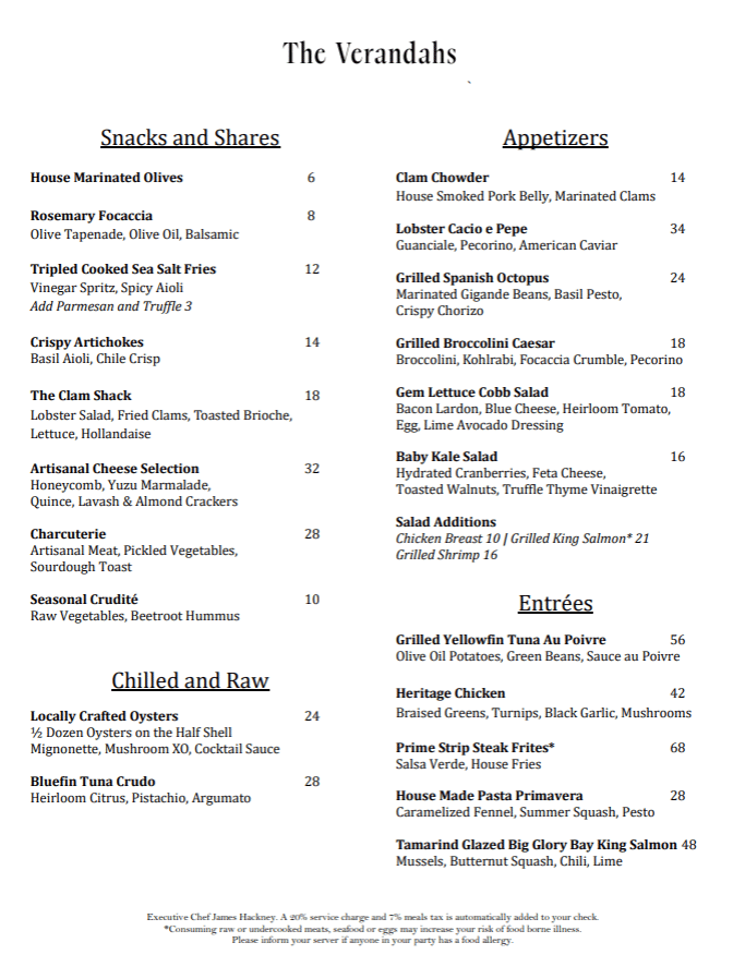 A dinner menu titled “The Verandah,” inspired by the relaxed elegance of The Verandahs, featuring sections for snacks, appetizers, chilled and raw dishes, and entrées, with prices listed next to each item.