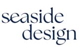 The image shows the words "seaside design" in a dark blue serif font on a white background, evoking the festive cheer of an Annual Event or Merry Market by the sea.