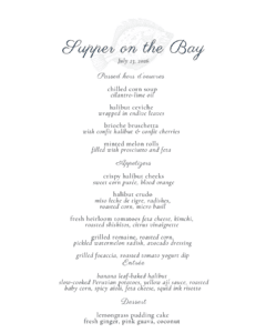 Menu titled "Supper on the Bay" with sections for hors d’oeuvres, appetizers, entrée, and dessert. The Supper on the Bay menu features seafood and fruit-based dishes, capturing the essence of coastal dining, dated July 23, 2016.
