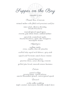 A formal dinner menu titled "Supper on the Bay" features appetizers, entrée, and dessert options in elegant blue script on a white background, beautifully accented with a pale shell graphic to evoke the serene ambiance of an evening by the bay.