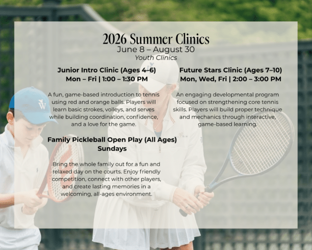 Two children holding tennis racquets on a court; overlaid text describes summer youth tennis clinics and a family pickleball event, including dates, times, and brief class details—perfect for young fans of racquet sports looking to develop their tennis or badminton skills in a fun, active environment.