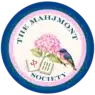 Circular logo with “The Mahjmont Society” text, a pink hydrangea, two mahjong tiles, and a colorful bird in the center.