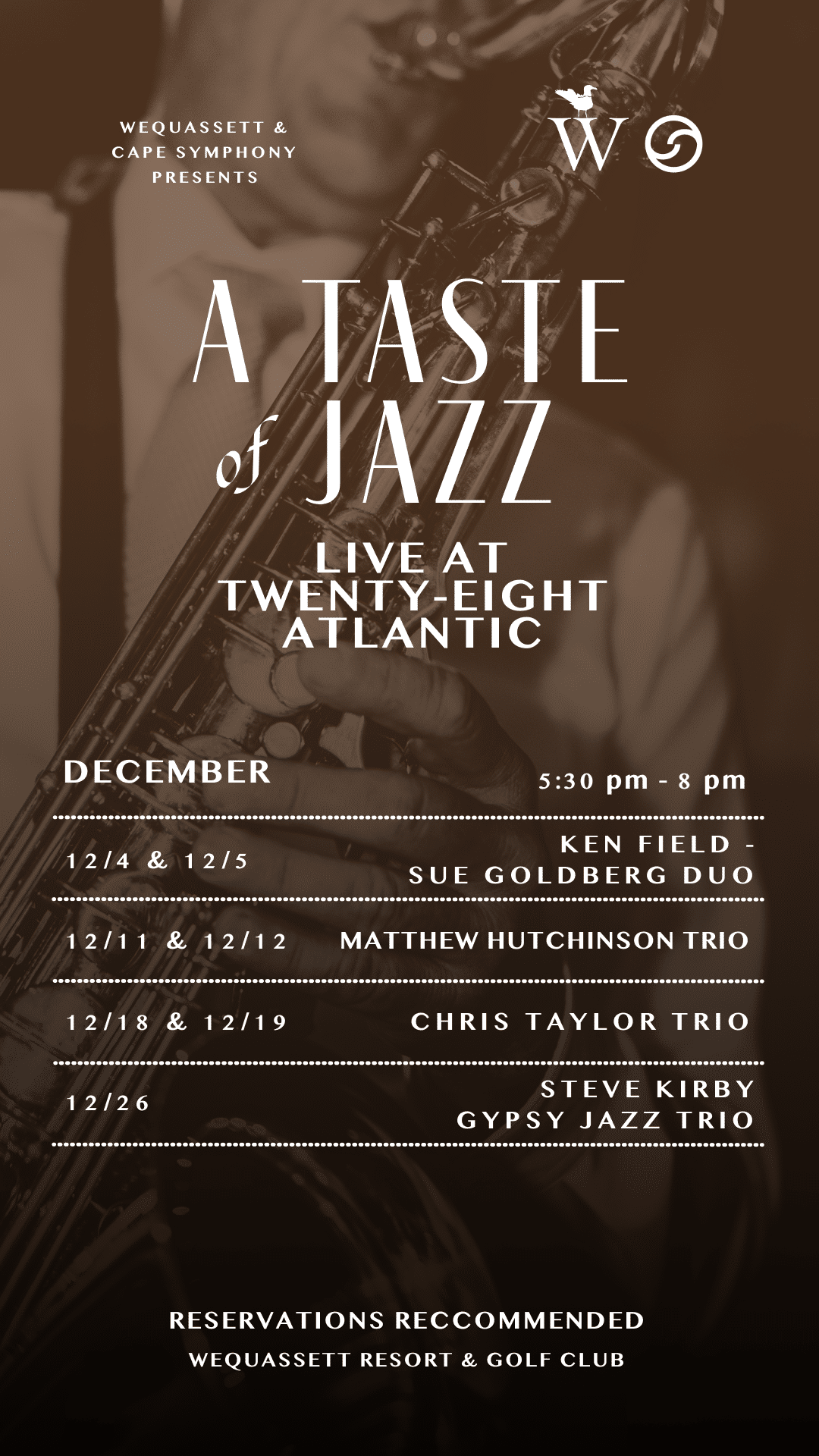 Event poster for A Taste of Jazz at the Twenty-Eight Atlantic fine dining restaurant, listing musical performances throughout December with dates and artist names.