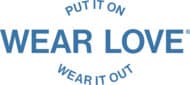Blue text reads “WEAR LOVE” in large letters, with “PUT IT ON” above and “WEAR IT OUT” below in a curved arrangement—a joyful design perfect for the Merry Market or your favorite annual event.