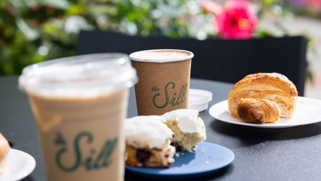 Iced coffee, hot coffee, a scone with icing, and a croissant on plates are set on an outdoor table with greenery and flowers in the background.
