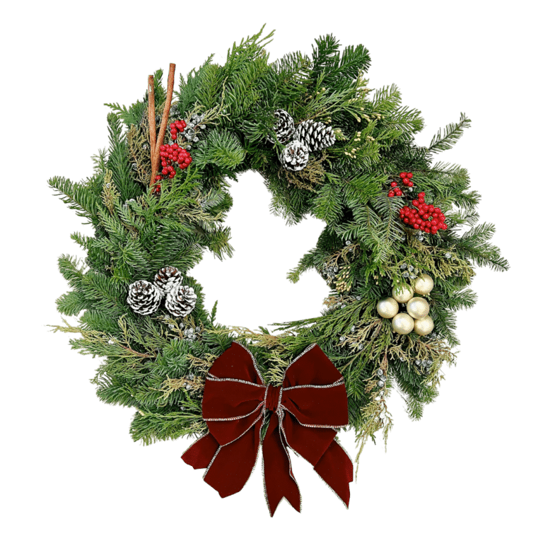 A holiday wreath made of green pine branches, decorated with pinecones, red berries, gold ornaments, cinnamon sticks, and a red bow at the bottom—perfect as a Harvest Blooms Thanksgiving centerpiece or for your next festive workshop.