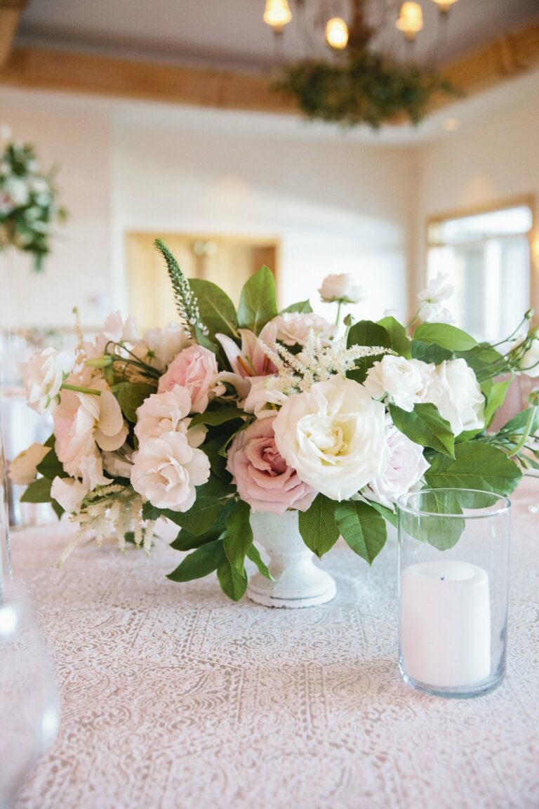 A floral arrangement on a table.