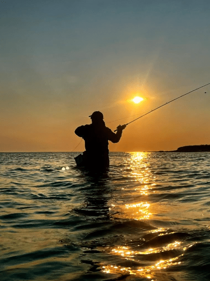 A person stands in water fly fishing at sunset, the sun reflecting off the surface—a perfect moment inspired by lessons from a Flyfishing School.