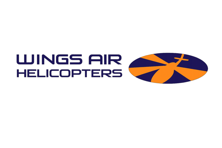 Wings Air Helicopters logo with bold blue text and an orange and blue oval graphic resembling a helicopter, perfect for travel adventures to destinations like Wequassett.