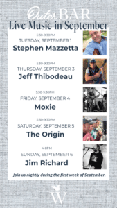 Flyer listing live music at “Our Bar” for September 1-6, with artist names, times, dates, and small photos of each performer on the right.