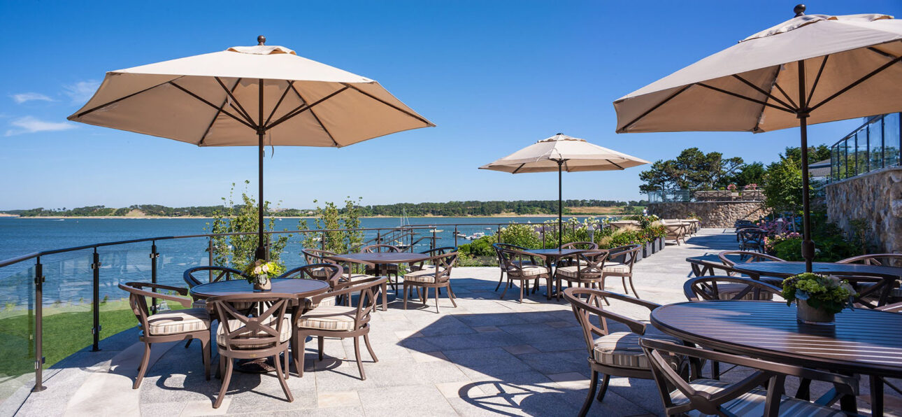 Outdoor seating on a bay on Cape Cod.